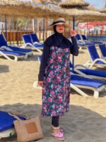 Long Flower Modest Swimwear -black-